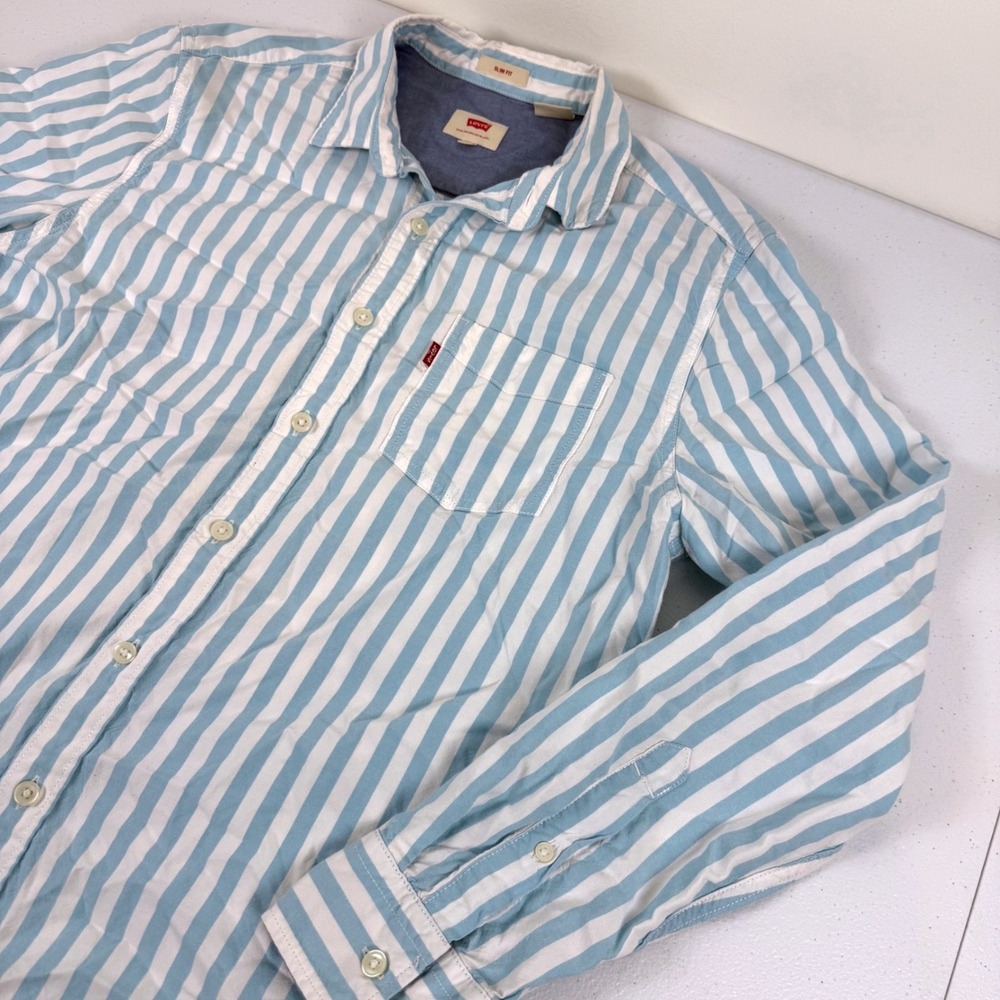 Levis Mens Slim Fit Striped Button Down Shirt Blue White Long Sleeve Medium